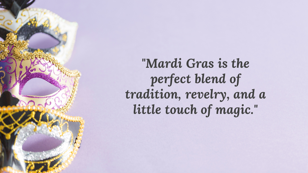 Decorative Mardi Gras masks stacked diagonally in black, white, and purple with gold details on a lilac surface.