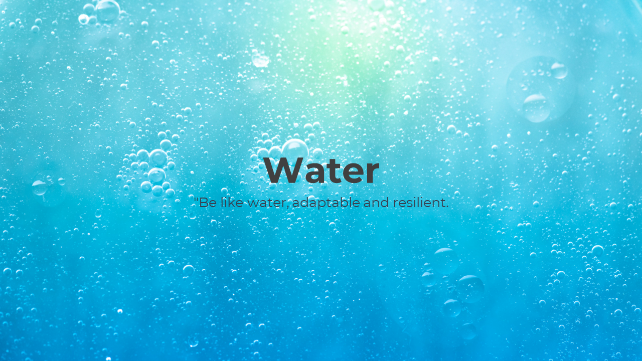 Bright aquatic background with floating bubbles, centered bold water title and a resilience-themed quote underneath.