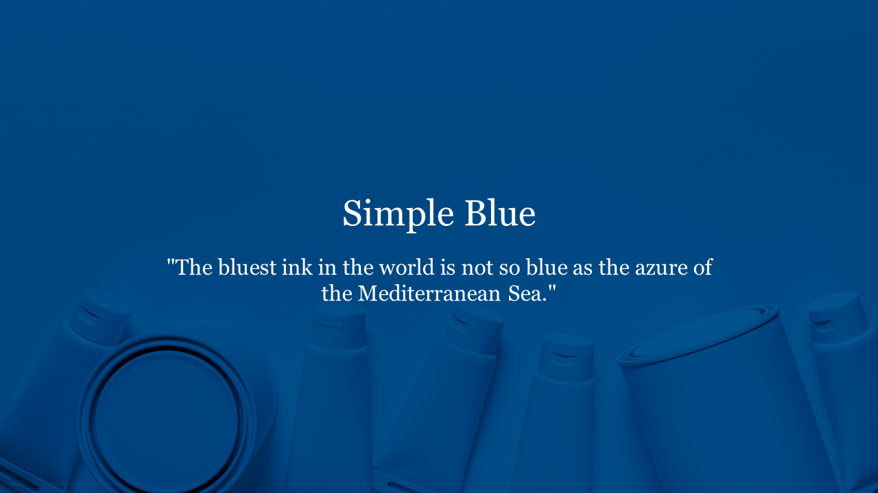 Blue background with bottle silhouettes at the base, featuring simple blue title and a Mediterranean Sea quote.