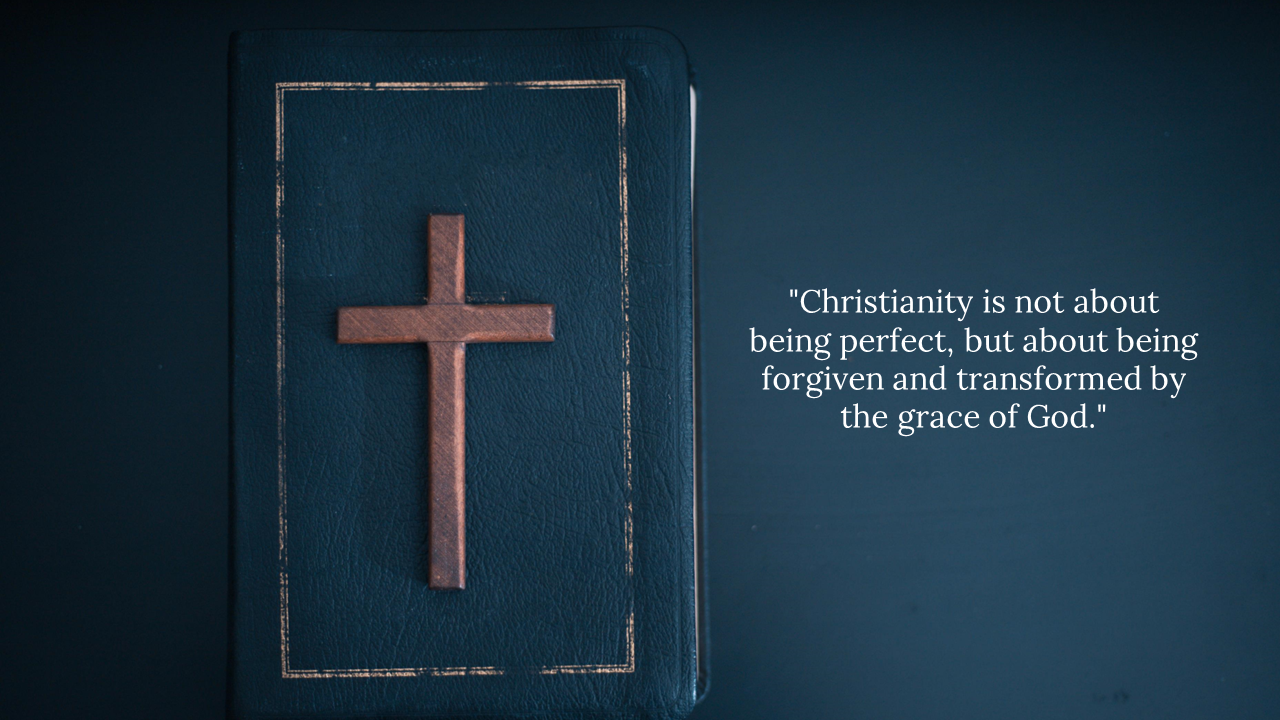 Christian themed image showing a Bible with a cross and a quote on forgiveness and divine transformation.