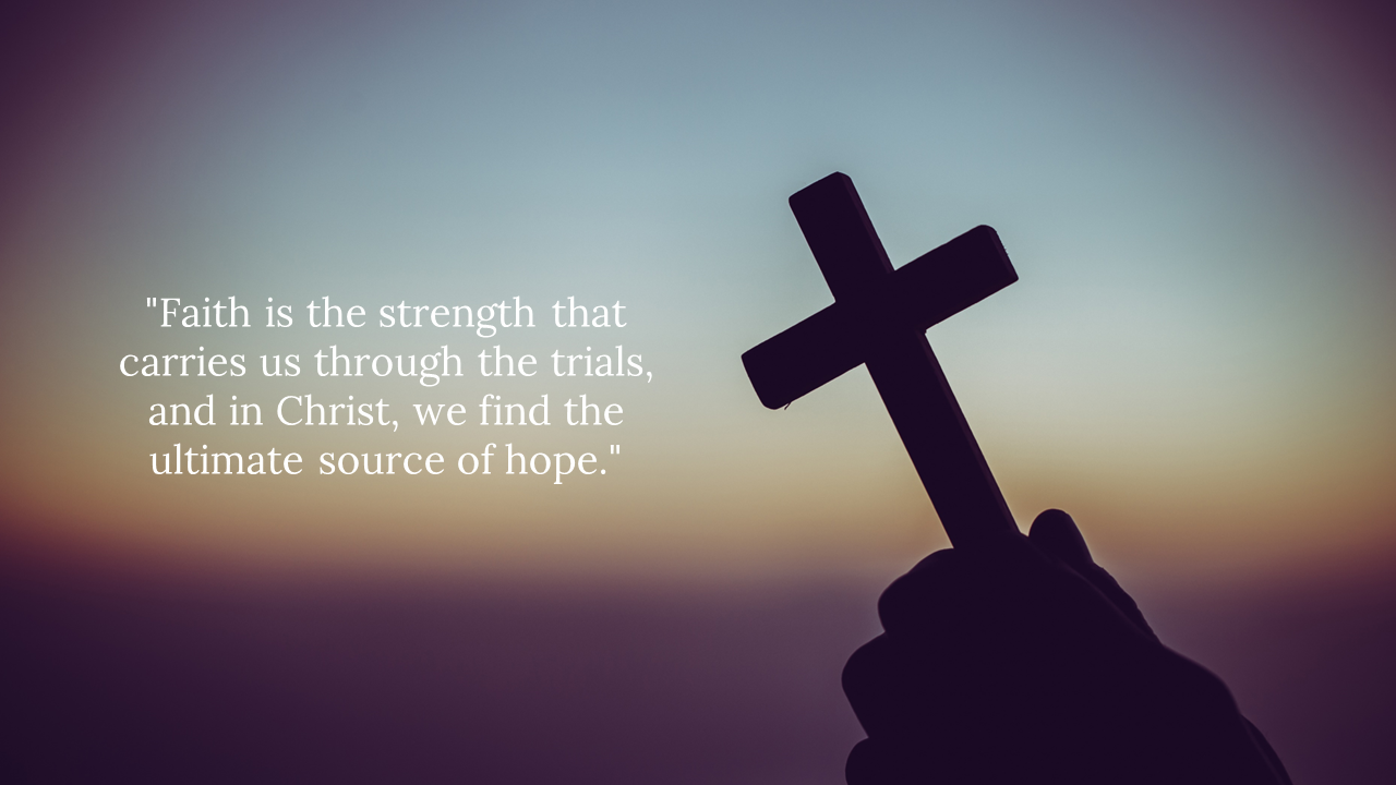 Silhouette of a hand holding a cross against a soft sunset sky, with a quote about faith and hope in Christ on the left.