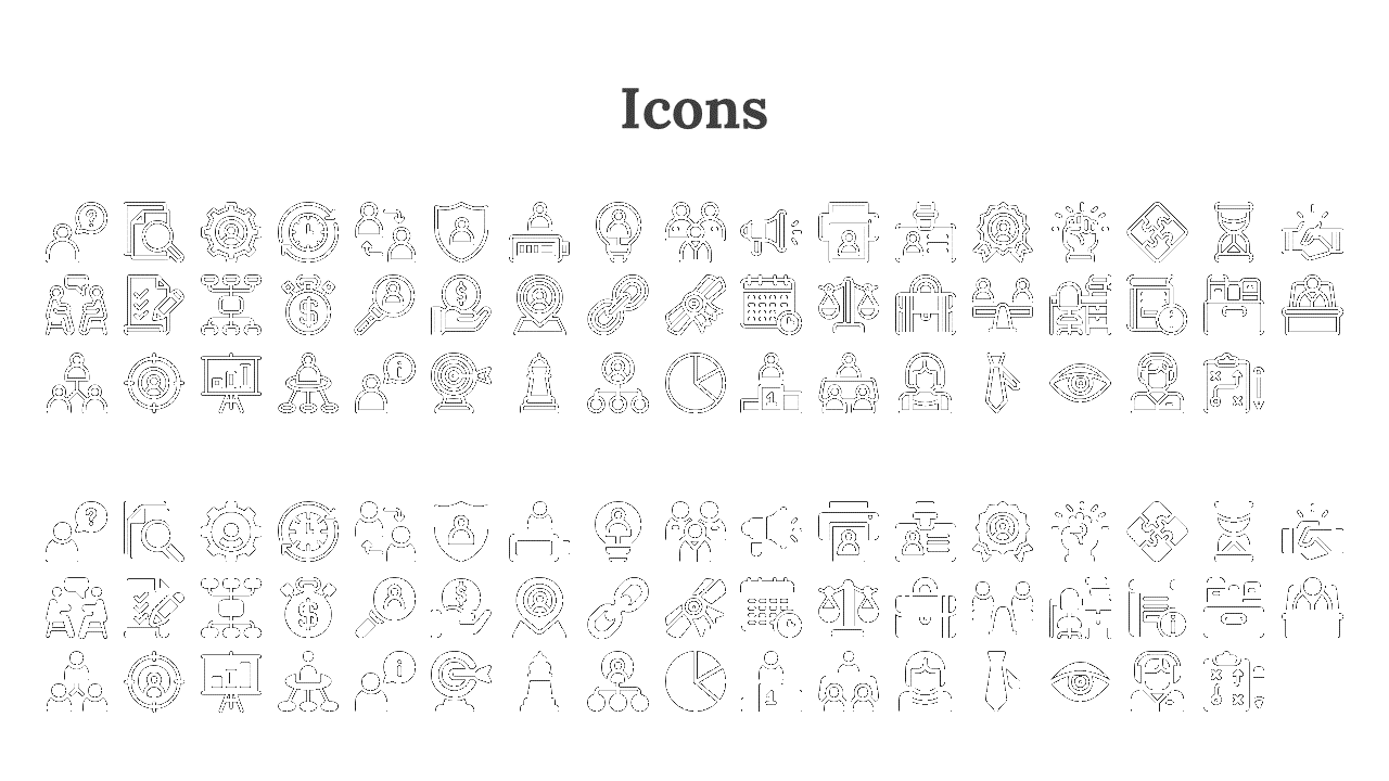 Labeled icon slide showing matching business icons in both outline and bold styles, including users, graphs, and documents.