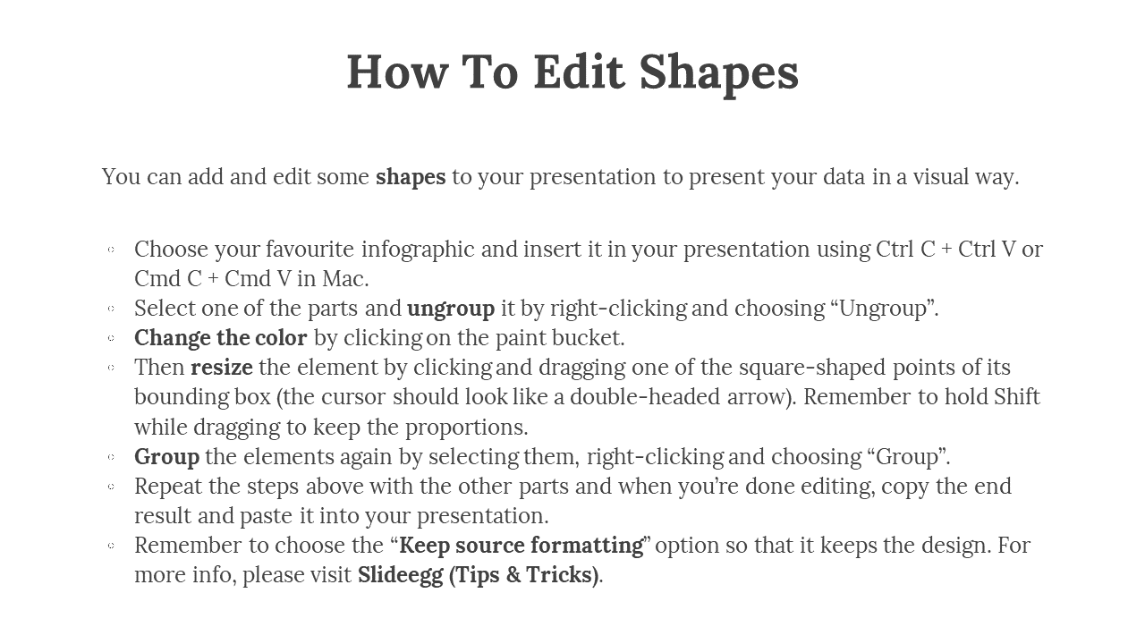 How To Edit Shapes with bullet points explaining how to copy, ungroup, resize, group, and format shapes.