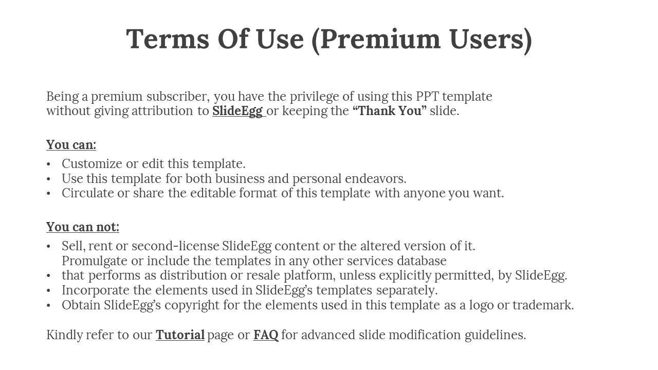 Terms of use slide for premium users instruction with bullet lists of allowed and prohibited template usage.