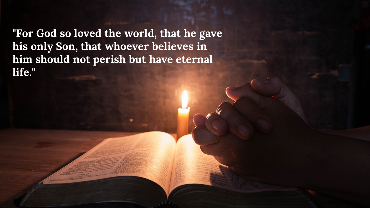 Bible opened near a lit candle with hands clasped in prayer, quote displayed on the left side in large white font.