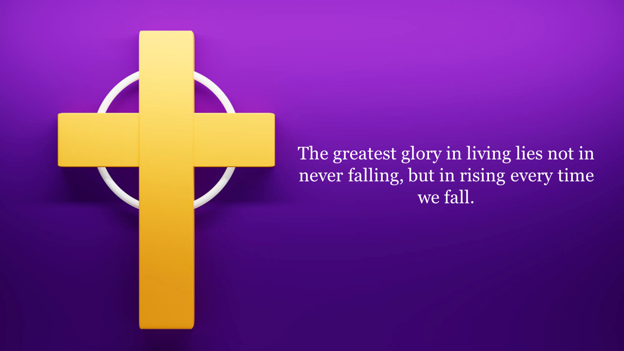 Bold yellow cross on purple gradient backdrop, white circular ring behind, and inspiring quote about rising after failure.