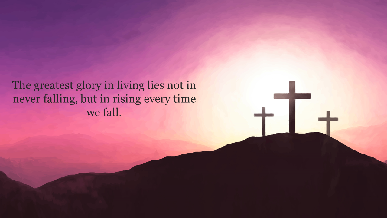 Silhouetted crosses on a hill with glowing sunrise, quote on rising after failure in serif font against a pastel sky.