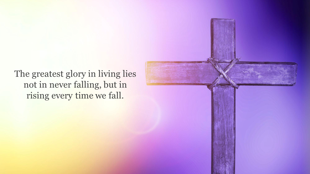 Cross with twine binding over purple background, inspiring message in black text on the left side of the slide.