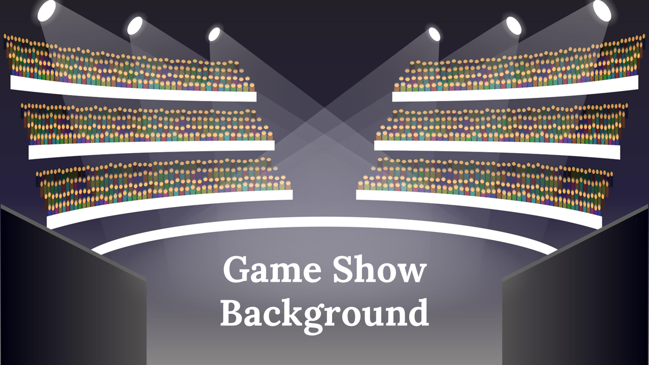 Arena style game show illustration with spotlighted crowds and stage view, centered title on a gradient backdrop.