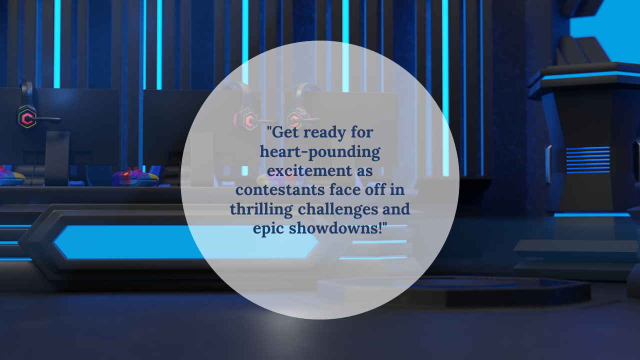 Futuristic game show or esports stage with blue neon lights, gaming setups, and quote in center circle overlay.