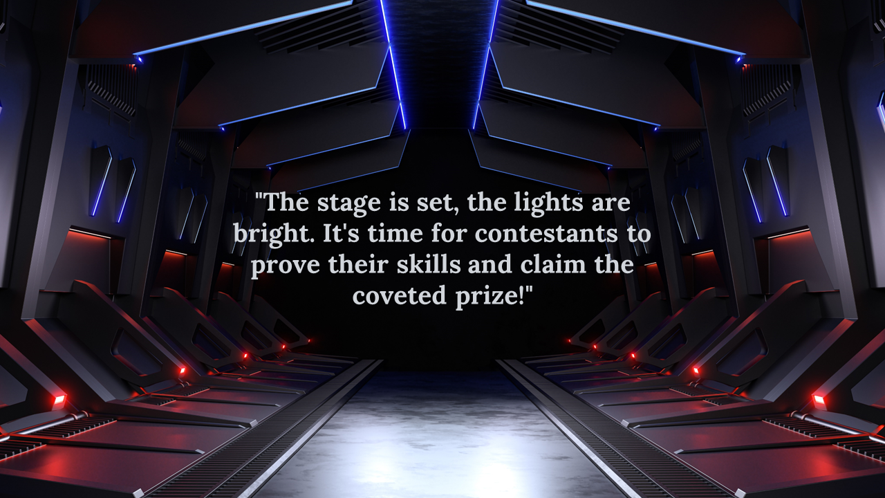 Futuristic game show hallway with glowing red and blue lights, central quote overlay about competition and winning.