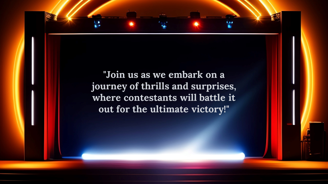 Bright game show stage with glowing orange arcs, red curtains, and quote on thrilling competition centered in spotlight.