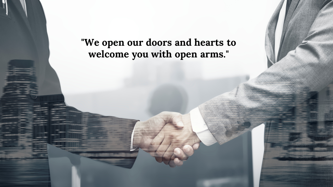 Business handshake between two men in suits overlaid with a cityscape, with a welcoming quote displayed at the center.