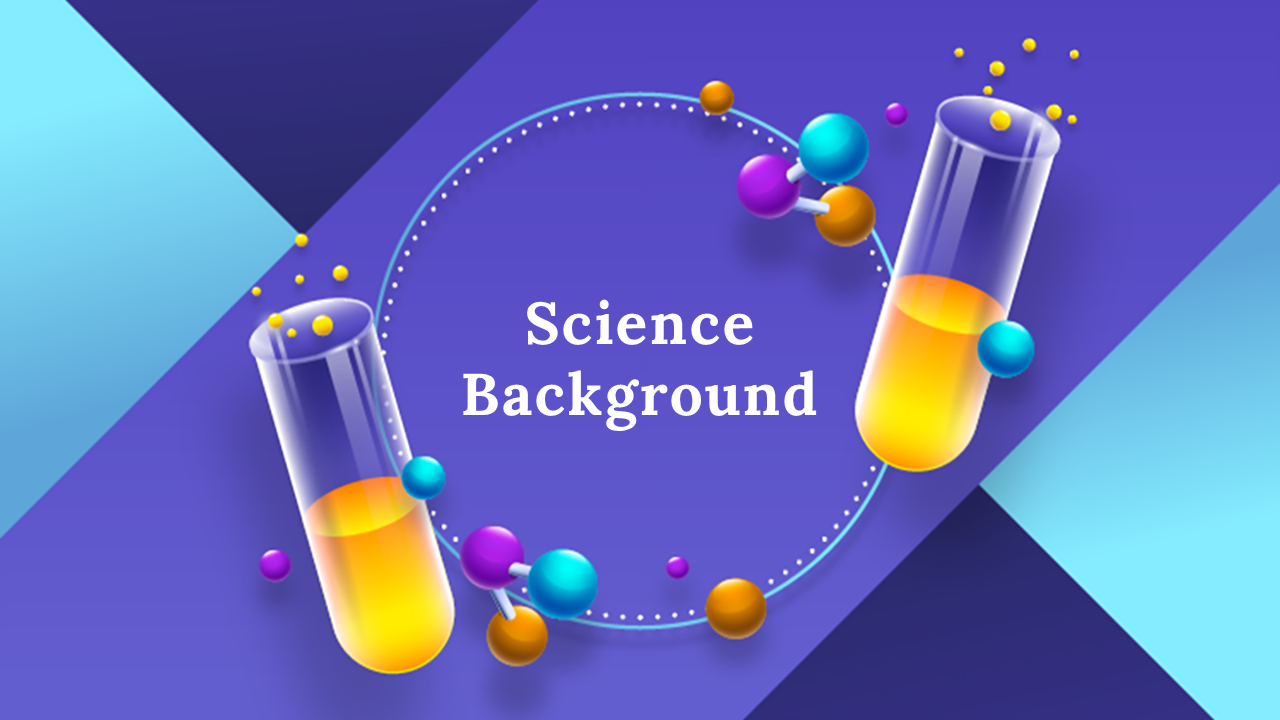 Bright test tubes with orange liquid and 3D molecules surrounding a dotted circle on a modern blue and purple science layout.
