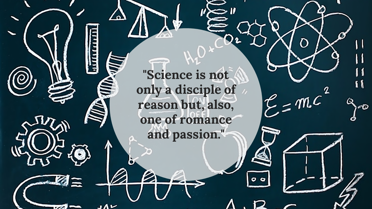 Hand drawn science icons including light bulb, molecule, and formulas surrounding a gray circle with central quote area.
