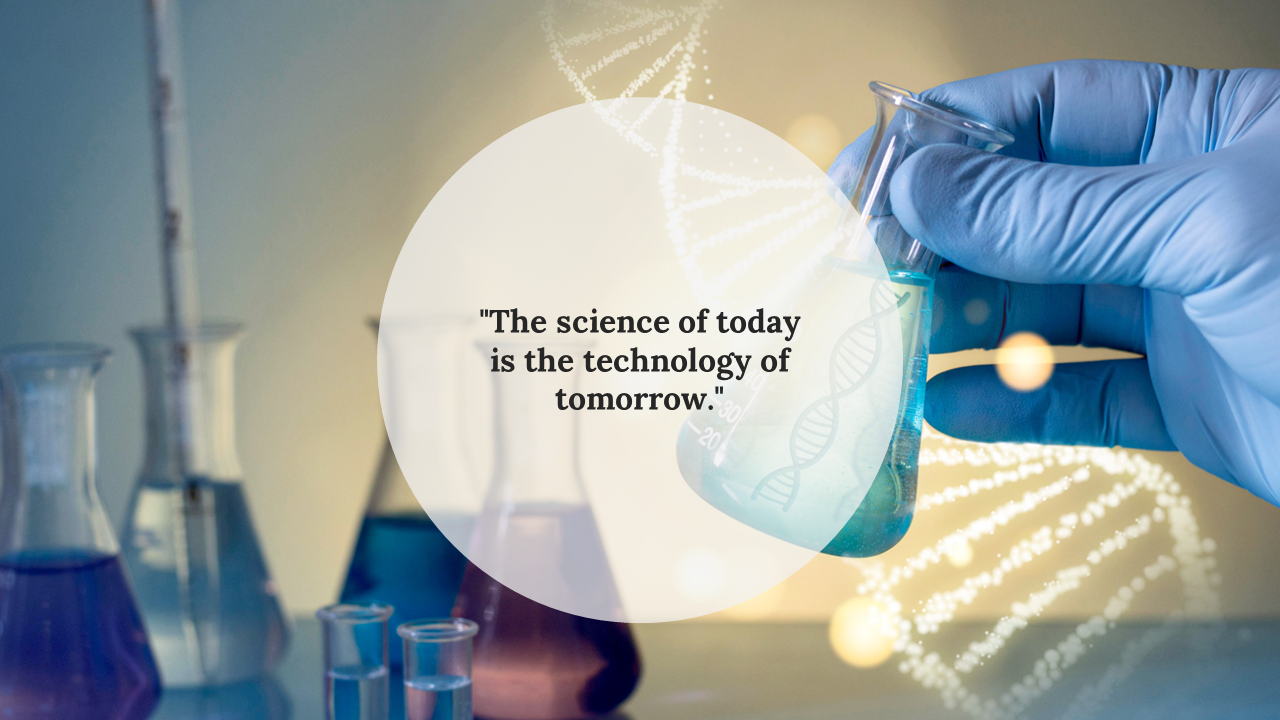 Blue liquid in conical flask held by gloved hand, surrounded by lab flasks and glowing DNA strands with quote at center.