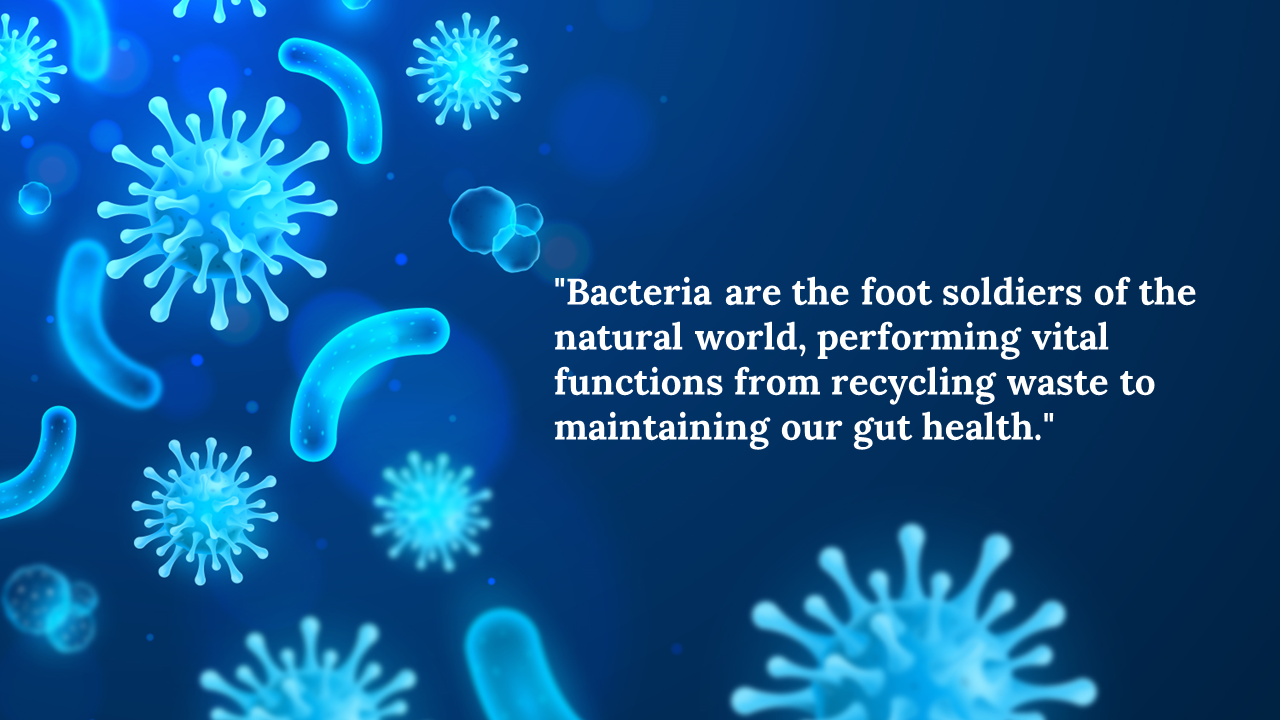 Microscopic blue bacteria and spiky cells on left, with a bold quote on the right about bacteria’s essential natural roles.
