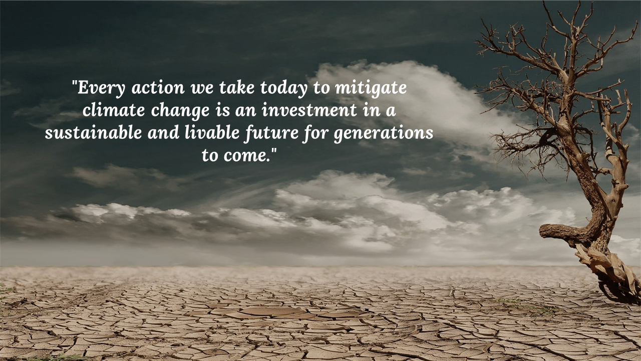 Cracked earth under cloudy sky with a lone dead tree on the right, overlaid with a quote on climate change action and future.