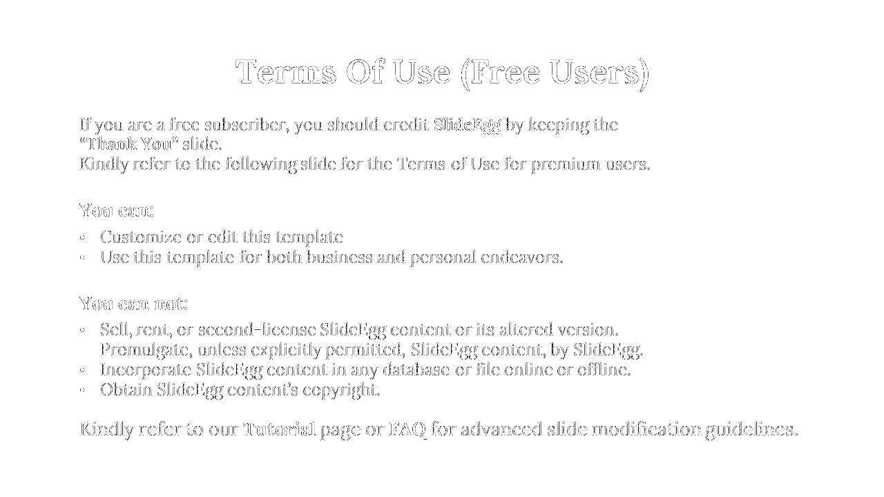 Terms of use slide for free users, listing permitted uses and restrictions with bold section headers and bullet points.
