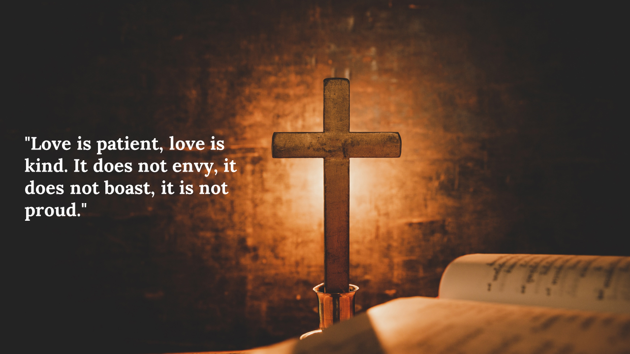 Glowing wooden cross and open Bible with a Bible verse about love displayed on the left against a dark background.