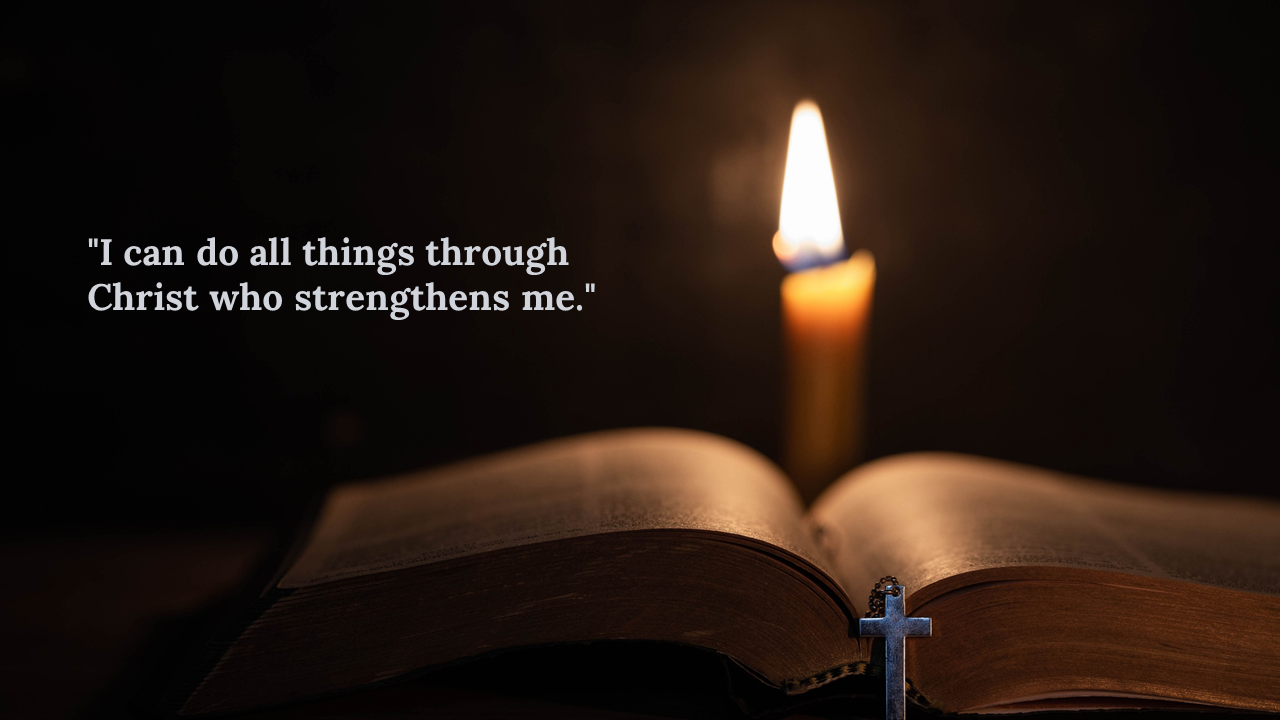 Glowing candle behind an open Bible and metal cross, with an inspirational scripture quote displayed in dark background.