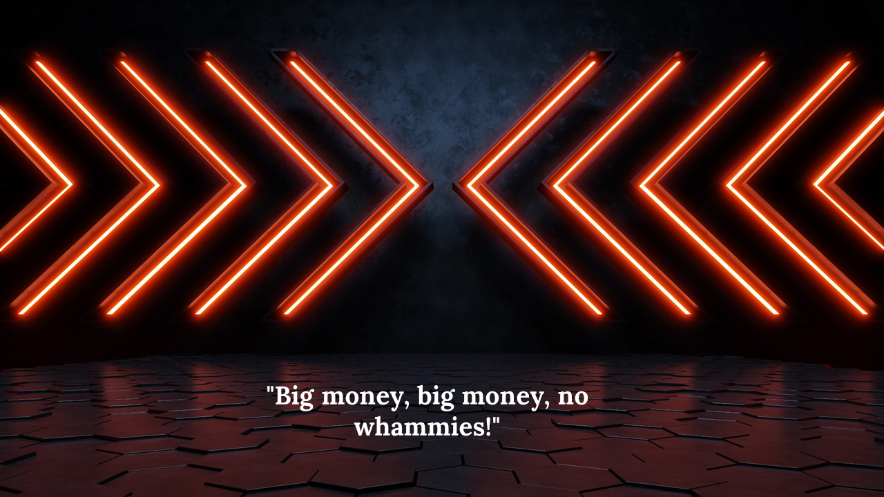 Symmetrical red chevrons glow on a textured wall above a hex tile floor, with a bold quote displayed at the bottom center.