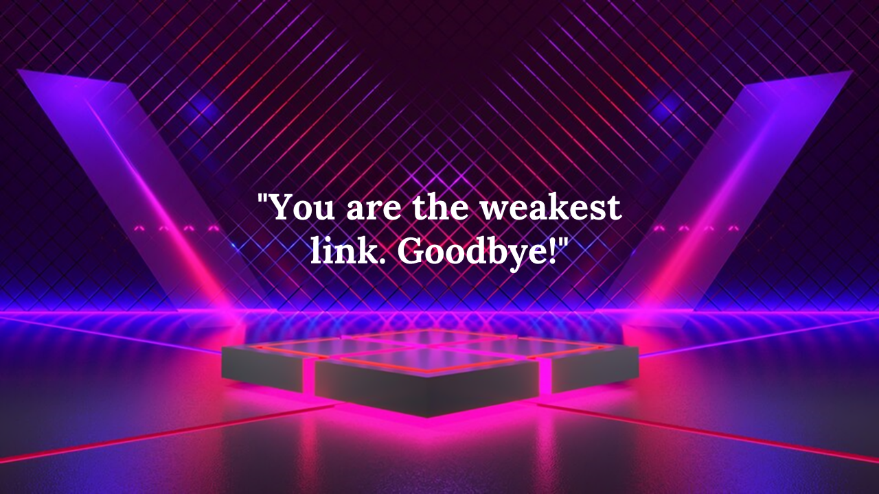 Symmetrical stage in neon pink and purple with a raised platform and gridded backdrop, centered quote in white text.