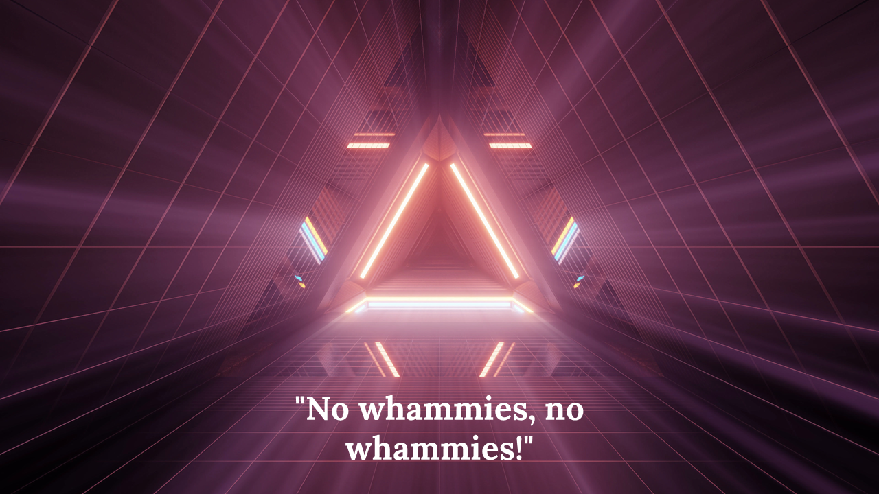 Neon triangle portal in a pink lit tunnel with grid lines and reflection, centered game show quote at the bottom.