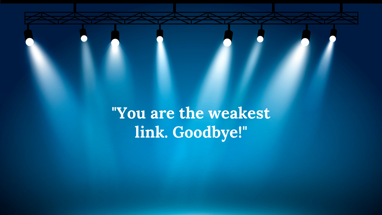 Stage background with eight overhead spotlights beaming onto a blue-lit floor, with a centered quote in white text.