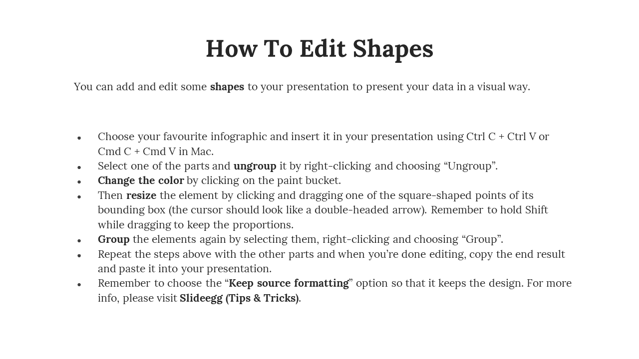 Instruction slide outlining steps to modify shapes in a presentation, including grouping, resizing, and color changes.