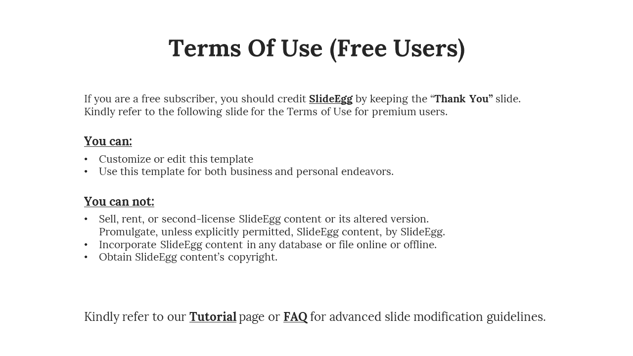 Free user terms slide showing allowed template edits and prohibited uses like resale, copyright, and redistribution.