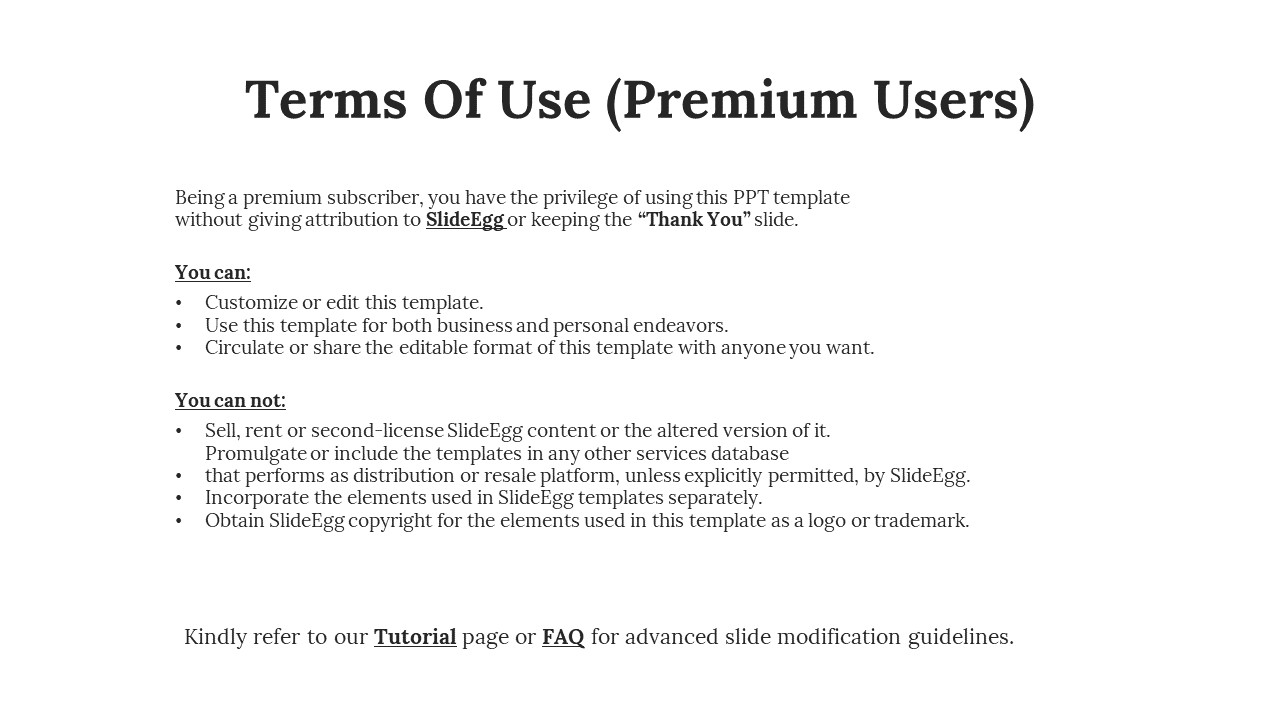 Slide showing premium user terms, listing permissions like sharing and restrictions like resale and copyright use.