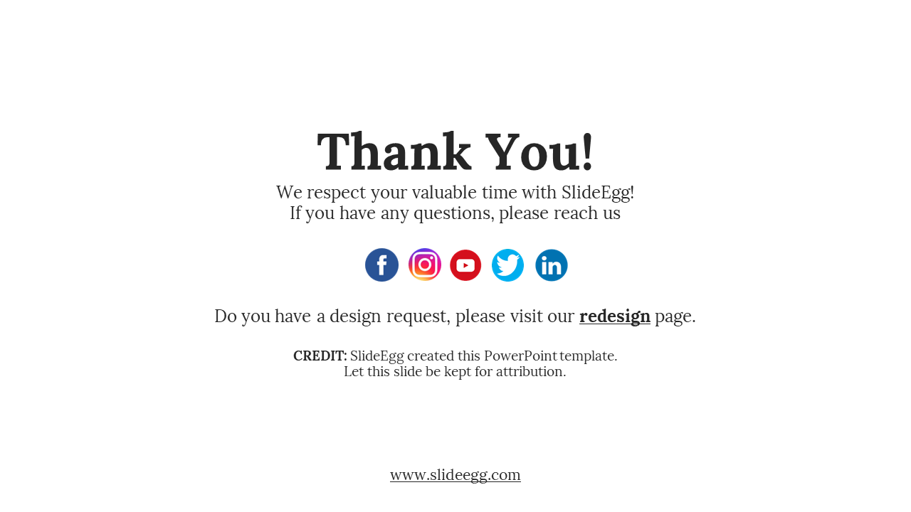 White thank you slide with social icons for Facebook, Instagram, YouTube, Twitter, and LinkedIn, and a credit note.
