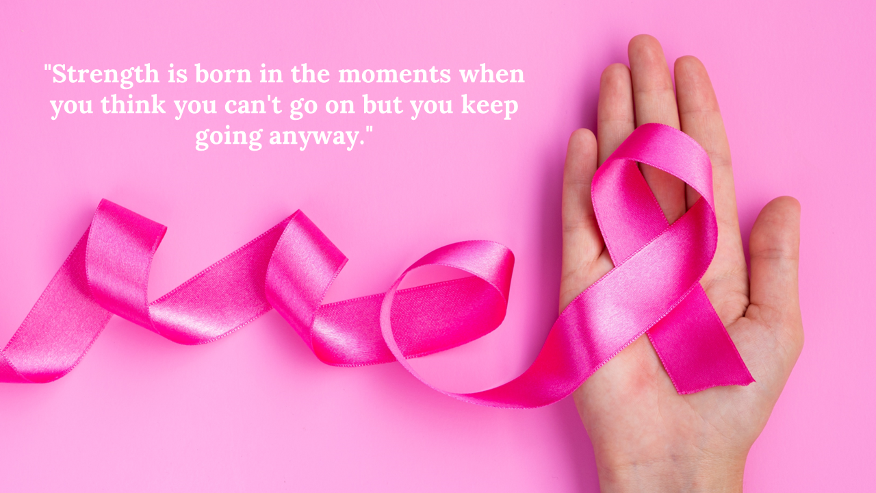 Pink background with a hand holding a breast cancer ribbon, flowing across the image, and a strength quote in white text.