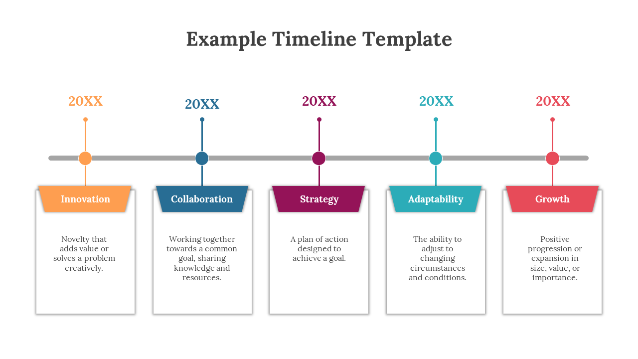 Timeline with five colored markers and labeled boxes below showing stages from innovation to growth, each tagged 20XX.