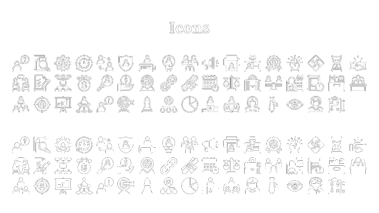 Grid of business themed icons in outline and solid styles, featuring symbols like gears, charts, people, and documents.