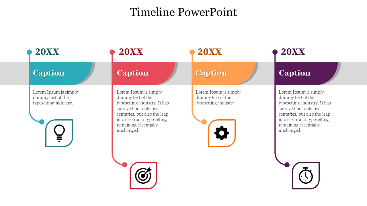 Timeline with colored curved lines and square icons below each caption block, representing four sequential steps.