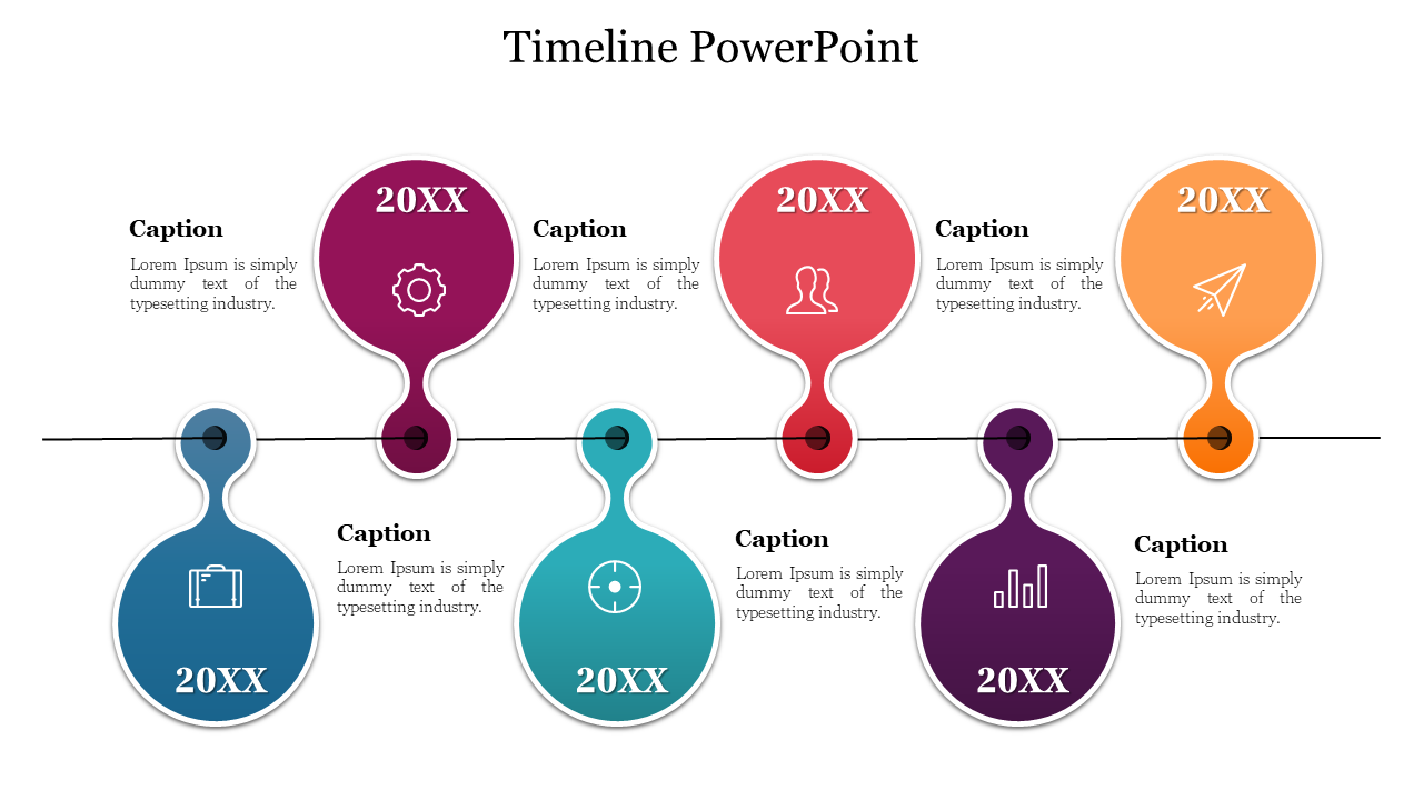 Curved marker timeline showing icons like gear, briefcase, chart, and paper plane, each paired with a caption block.