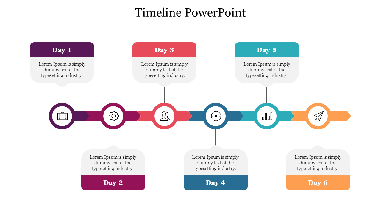 Timeline labeled Day 1 to Day 6 with icon markers and curved connectors, used to show stepwise daily progress.