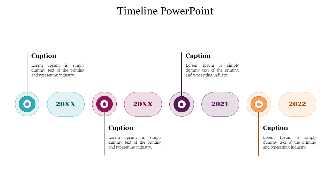 Horizontal timeline with six circular segments labeled 20XX to 2022, alternating captions above and below the line.