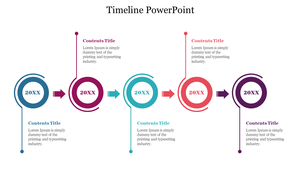 Timeline with bold circular year markers and directional arrows, each linked to alternating caption boxes.