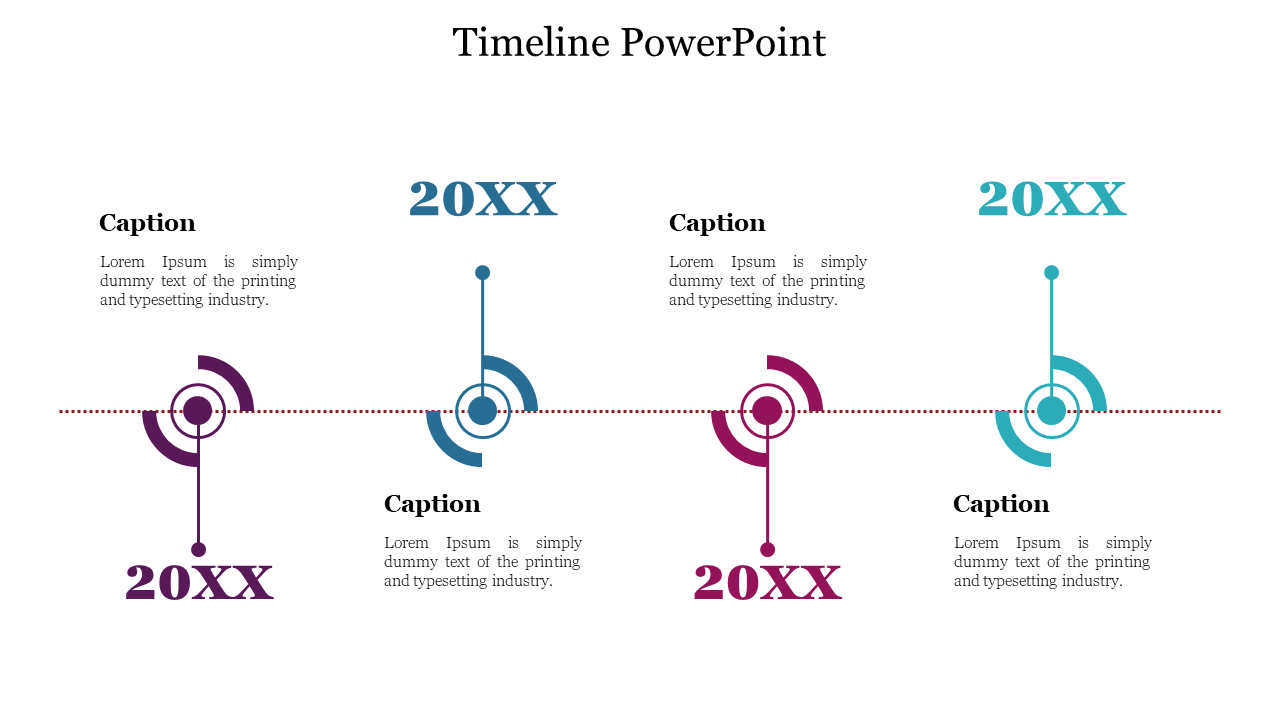 Horizontal timeline with circular radial markers and alternating top bottom captions labeled 20XX in various colors.