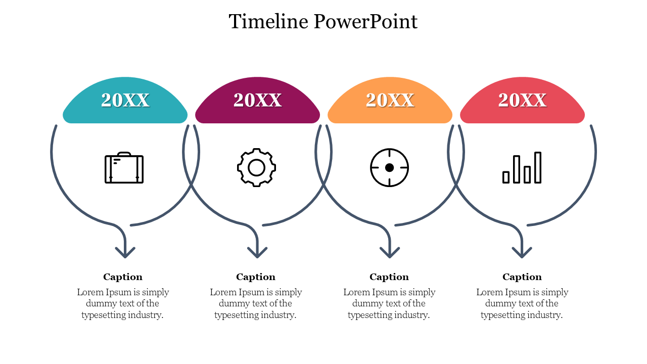 Horizontal timeline with looped arrows linking year markers and icons above captions for each milestone.