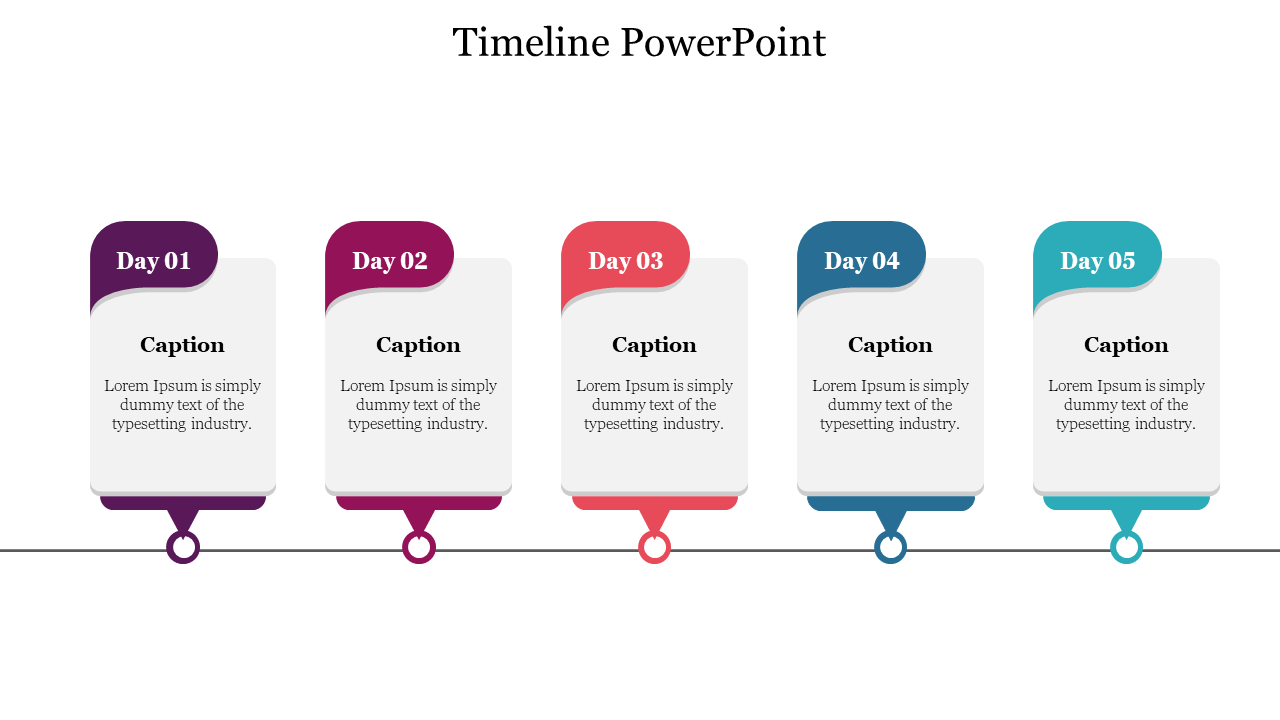 Five step horizontal timeline with rounded rectangles labeled Day 01 to Day 05, each containing a caption box.