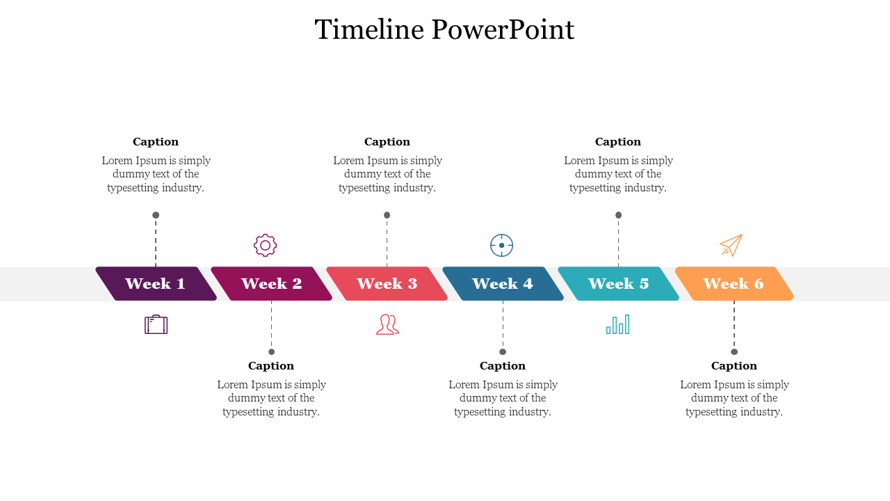 Weekly timeline with stacked arrow boxes and dotted lines connecting to captions and icons like briefcase and paper plane.
