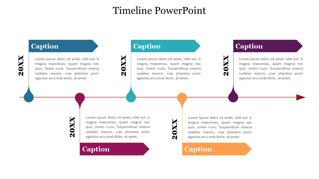 Horizontal timeline with colored arrows labeled 20XX, each linked to a caption and drop shaped connector.