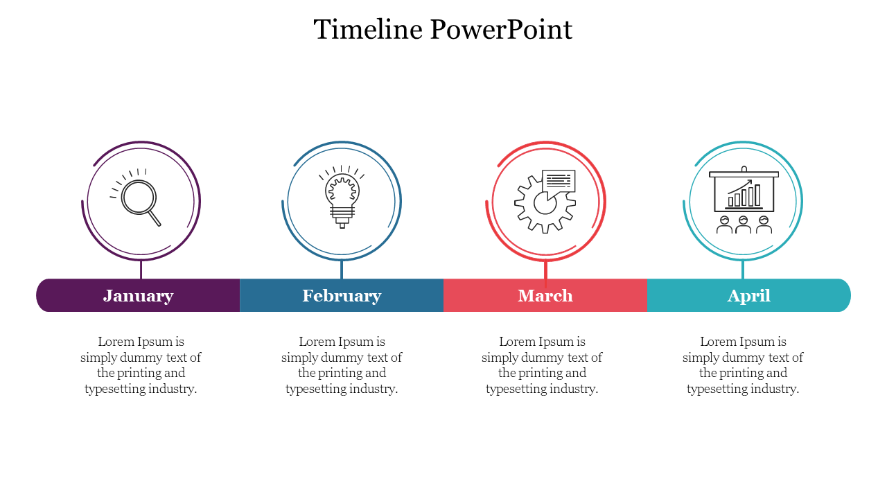 Monthly timeline with icons for magnifying glass, lightbulb, gear, and presentation above colored month blocks.