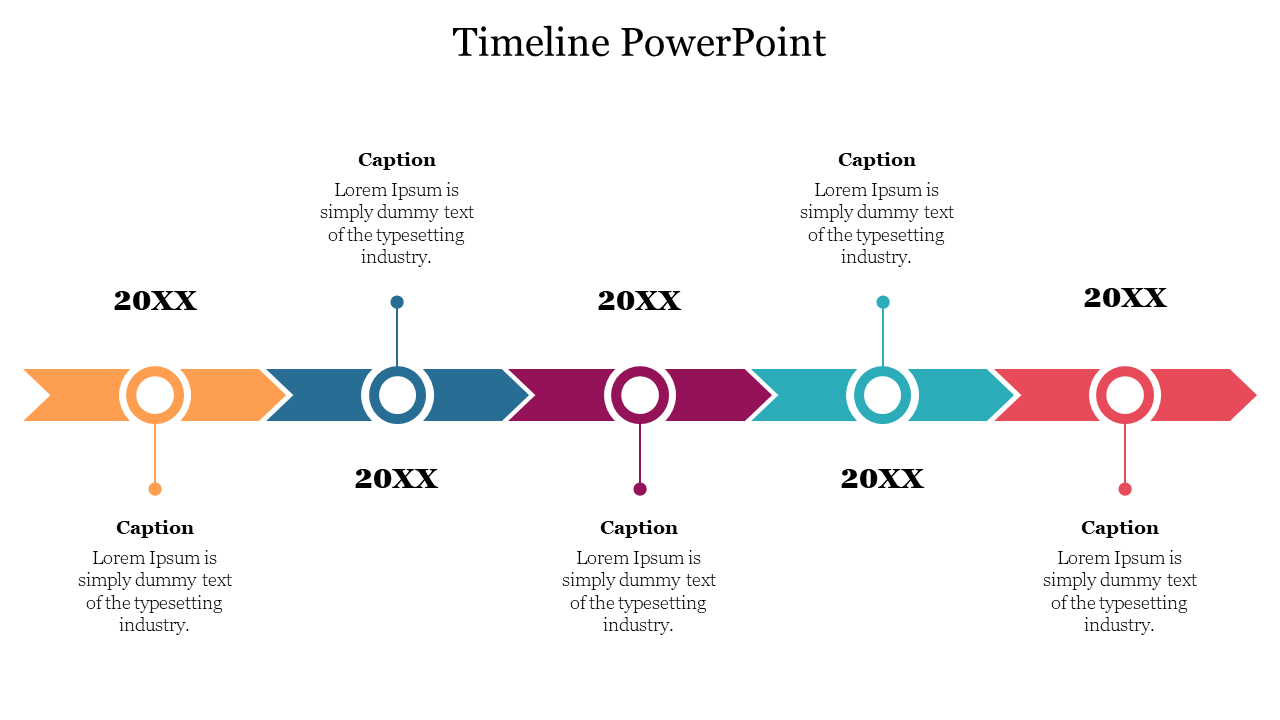 Horizontal timeline with alternating captions linked to arrow shapes in orange, blue, purple, teal, and red.