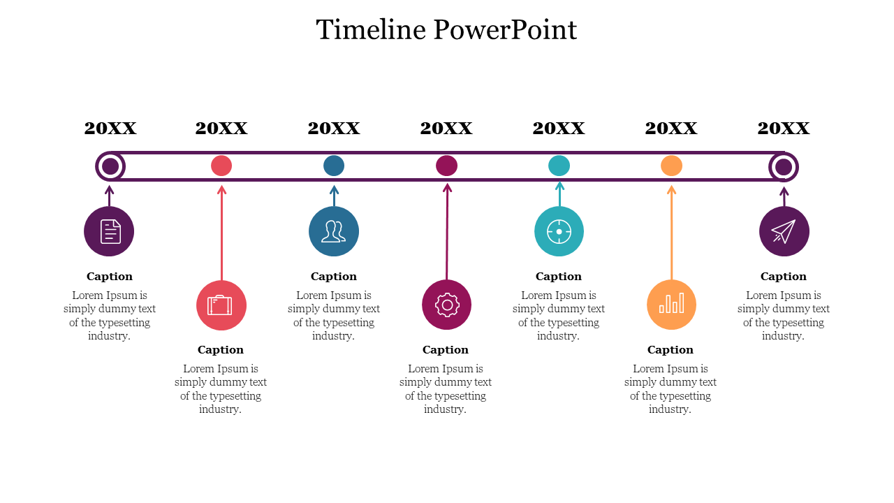 Circular icons with arrows on a horizontal line labeled 20XX, showing timeline steps from document to rocket icons.