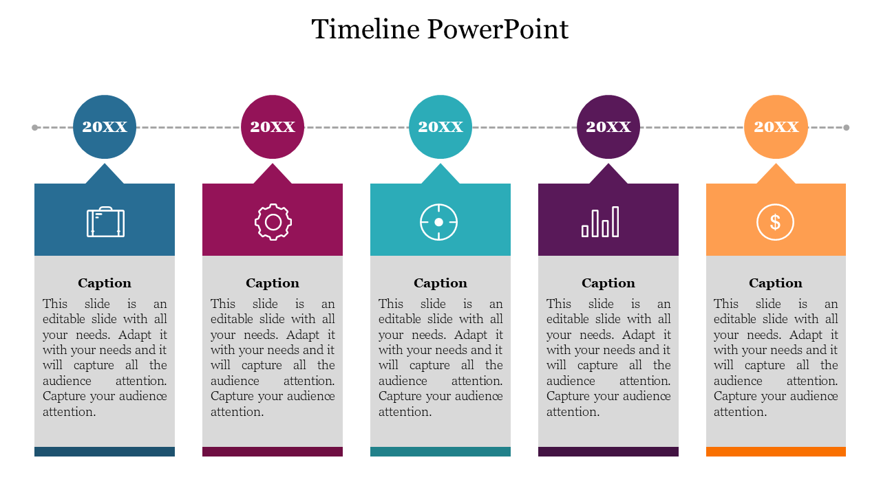 Five step vertical timeline with circular year markers on top and colored rectangles below containing icons and captions.